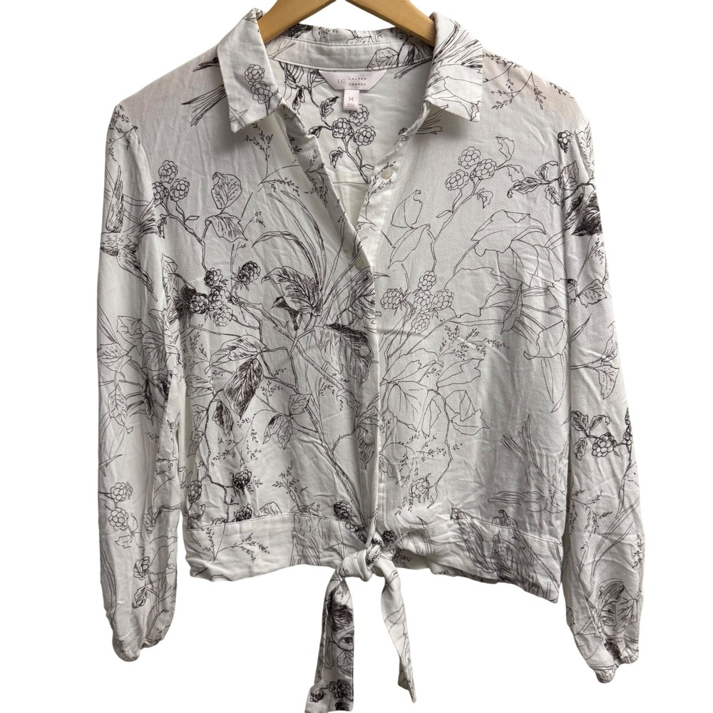 Lauren Conrad Womens Medium Blouse Floral Print Crop‎ Top Tie Front Long Sleeve